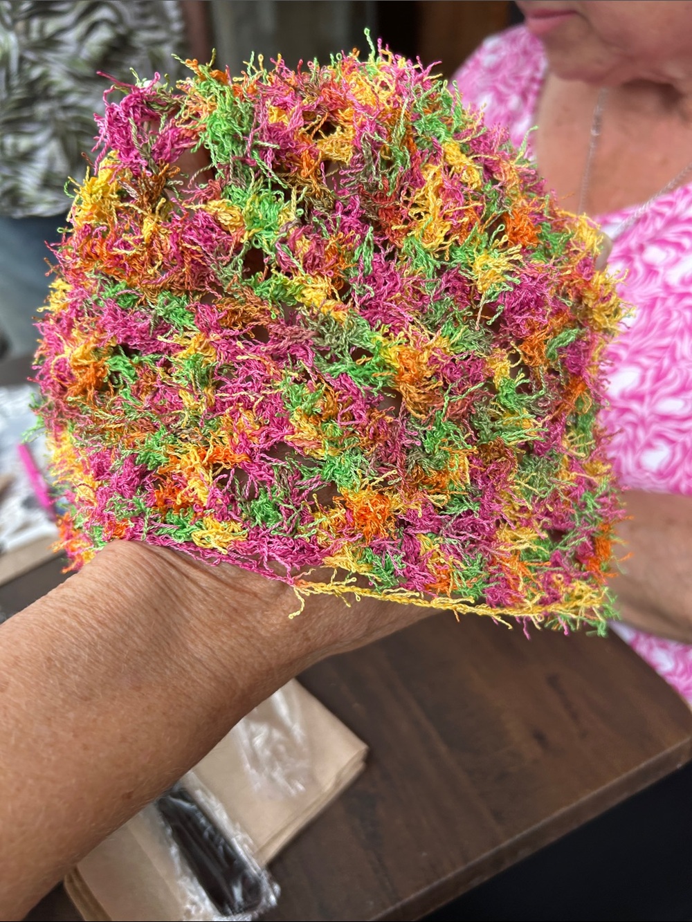 Hand Knitted Multicolor fuzzie Beanie - Vibrant Green/Pink/Yellow
